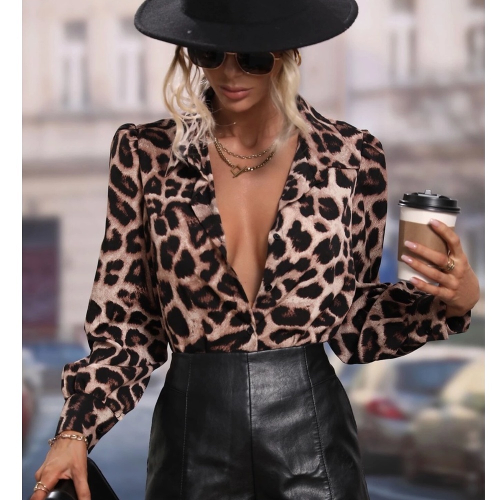 Animal Print Cheetah Leopard Casual Button Up / Down Shirt Black Brown Beige